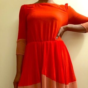 Tangerine and peach color block knee length dress